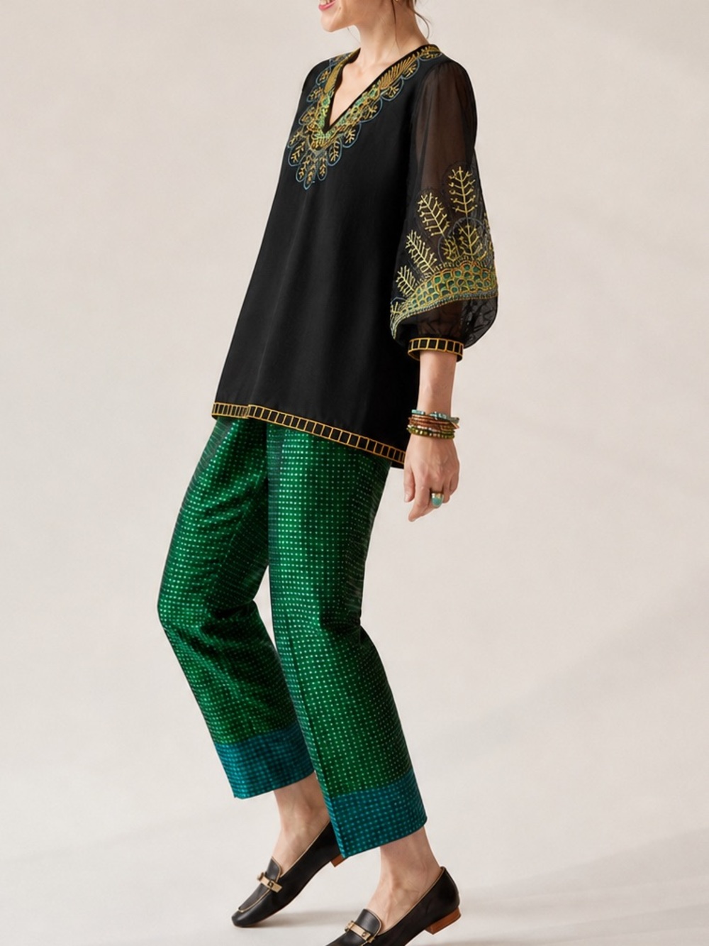 Silk Black Sheer Embroidered Tunic (0044)